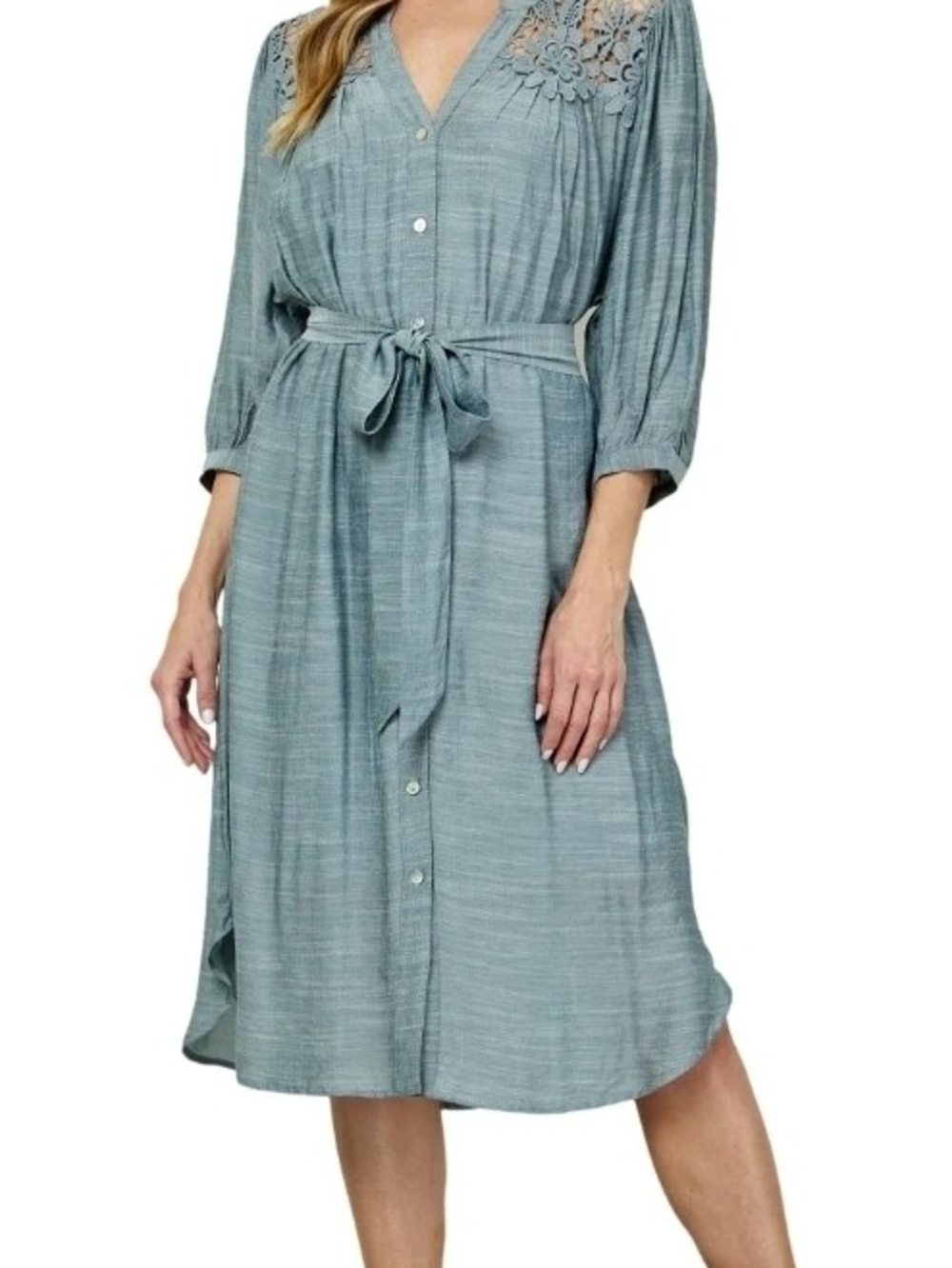 Anthropologie Teal Lace-Yoke Midi Shirt Dress with Tie